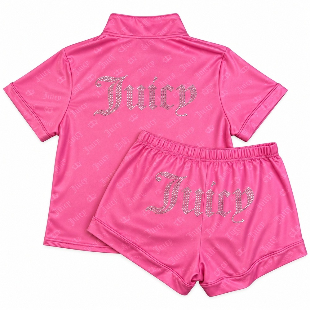 Juicy Couture Rhinestone Pajama Set Womens L Pink Y2K McBling Logo Shorts Lounge